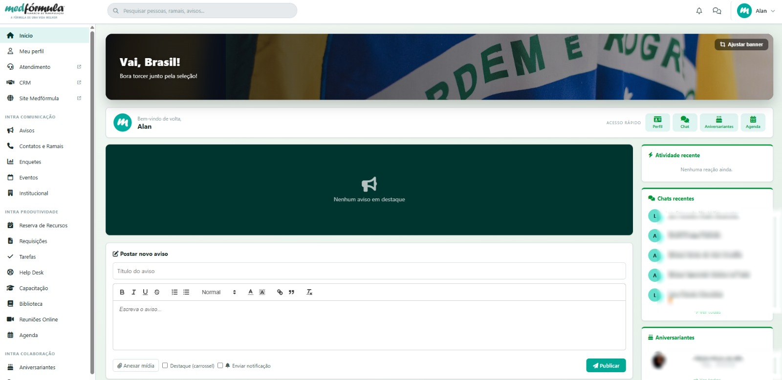 Intranet da Medfórmula — página inicial (dados borrados)
